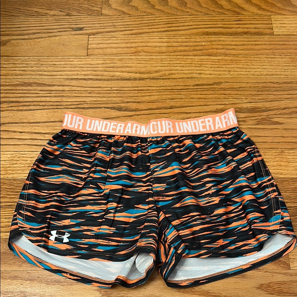 Under Armour Black and Orange Athletic Shorts with Bold Pattern
